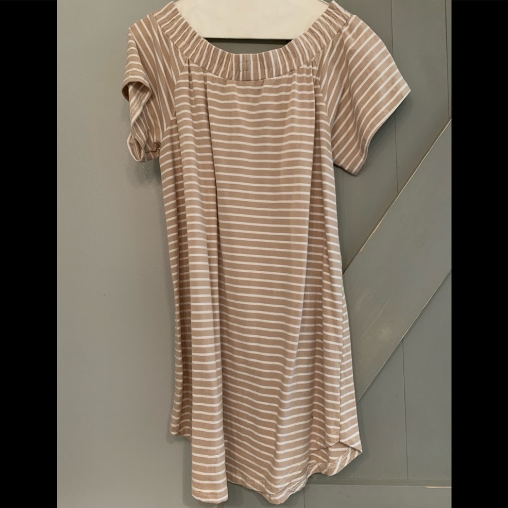 Off the shoulder tan and white stripe dress